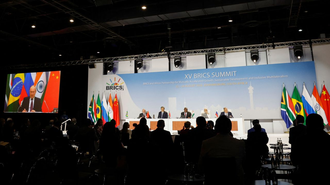 Russian President Vladimir Putin delivers his remarks virtually at the 2023 BRICS Summit in Johannesburg on August 24.